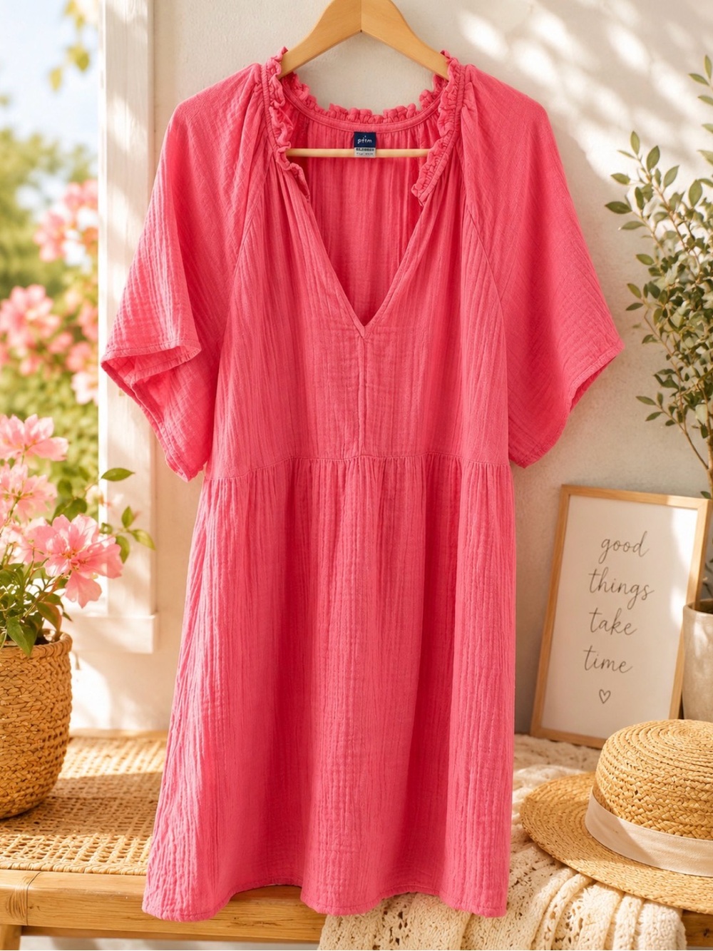 Old Navy Hot Pink V-Neck Cotton Gauze Mini Dress